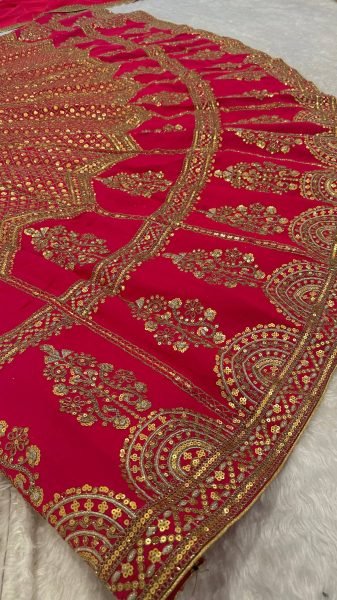 Crimson Red Muga Silk Lehenga with Rich Zari and Sequins Embroidery For Bridal Wear Bridal Lehenga Choli