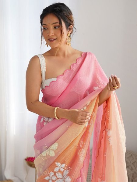 Crush Silk Embroidered Saree With Sequins Work Unstitched Blouse Embroidery Sarees Wholesale