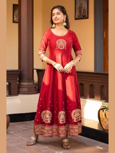 Cultural Joy Silk Embroidered Foil Print Gown for Festive Wear for Exporters and Resellers 