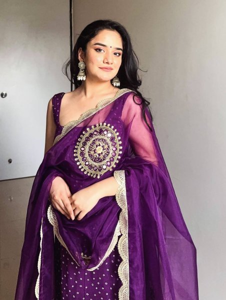 Cultural Purple Fully Stitched Bandhani Kurti Set With Mirror Work with Dupatta for Party Wear  Straight Cut Long Kurtis