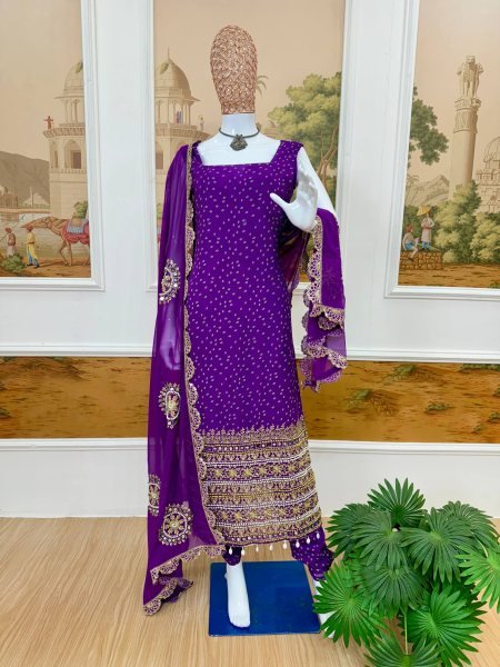Cultural Purple Fully Stitched Bandhani Kurti Set With Mirror Work with Dupatta for Party Wear  Straight Cut Long Kurtis