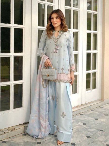 Cultural Silver Grey Japan Satin Silk top features 3 mm sequence work along with stylish fancy sleeves And Farshi Plazzo With tabby silk dupatta Ready To Wear Suit