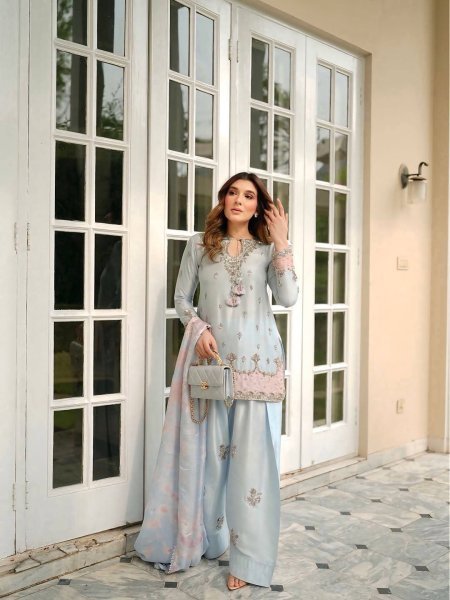 Cultural Silver Grey Japan Satin Silk top features 3 mm sequence work along with stylish fancy sleeves And Farshi Plazzo With tabby silk dupatta Ready To Wear Collection