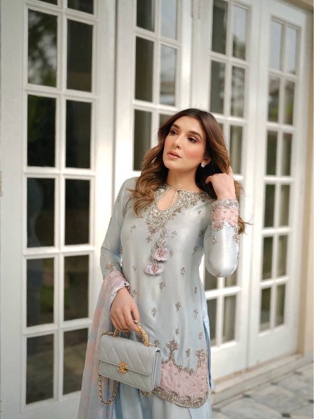 Cultural Silver Grey Japan Satin Silk top features 3 mm sequence work along with stylish fancy sleeves And Farshi Plazzo With tabby silk dupatta Ready To Wear Collection