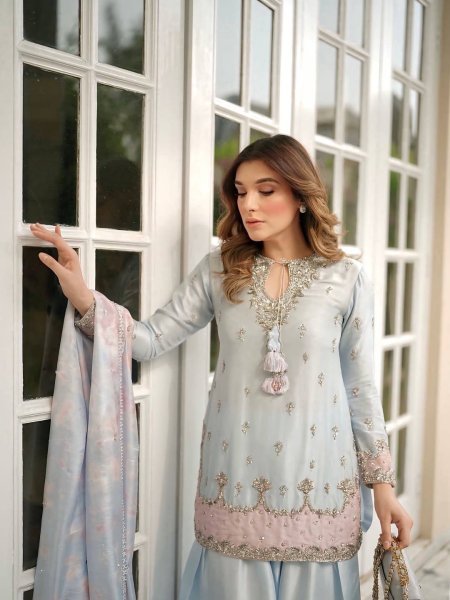 Cultural Silver Grey Japan Satin Silk top features 3 mm sequence work along with stylish fancy sleeves And Farshi Plazzo With tabby silk dupatta Ready To Wear Collection