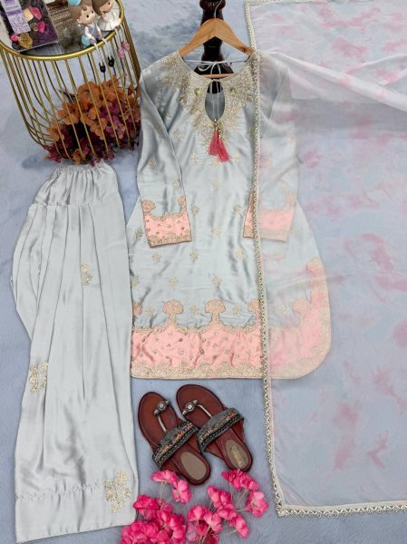 Cultural Silver Grey Japan Satin Silk top features 3 mm sequence work along with stylish fancy sleeves And Farshi Plazzo With tabby silk dupatta Ready To Wear Collection