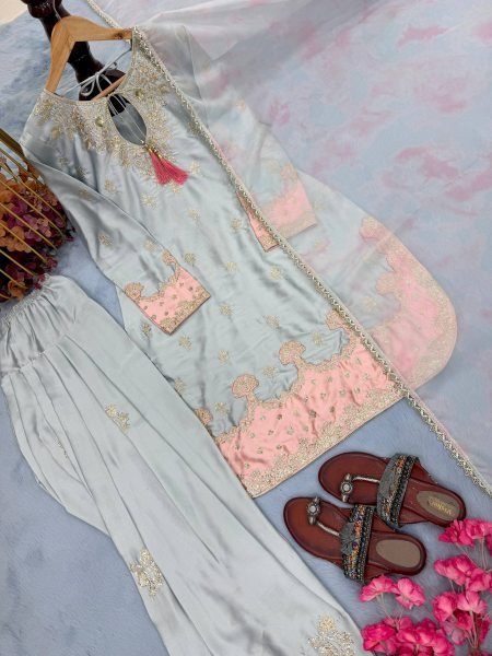 Cultural Silver Grey Japan Satin Silk top features 3 mm sequence work along with stylish fancy sleeves And Farshi Plazzo With tabby silk dupatta Ready To Wear Collection