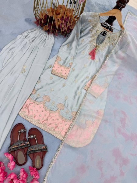 Cultural Silver Grey Japan Satin Silk top features 3 mm sequence work along with stylish fancy sleeves And Farshi Plazzo With tabby silk dupatta Ready To Wear Collection