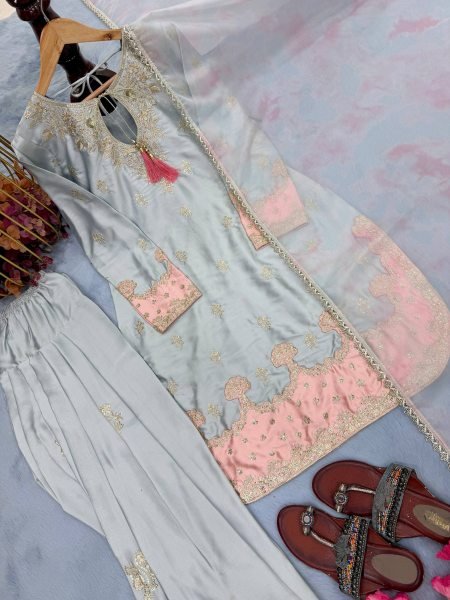 Cultural Silver Grey Japan Satin Silk top features 3 mm sequence work along with stylish fancy sleeves And Farshi Plazzo With tabby silk dupatta Ready To Wear Collection