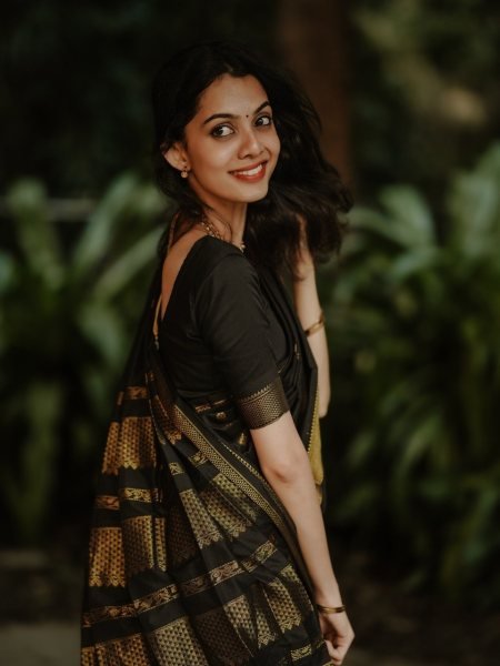 Customizable Black Designer Soft Silk Saree with Contrast Unstitched Jacquard Blouse South Indian Saree 