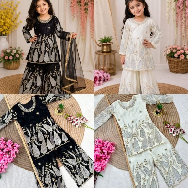 Customizable Black Kids Designer Top Palazzo Dupatta Set with Embroidery Work Girls Wear