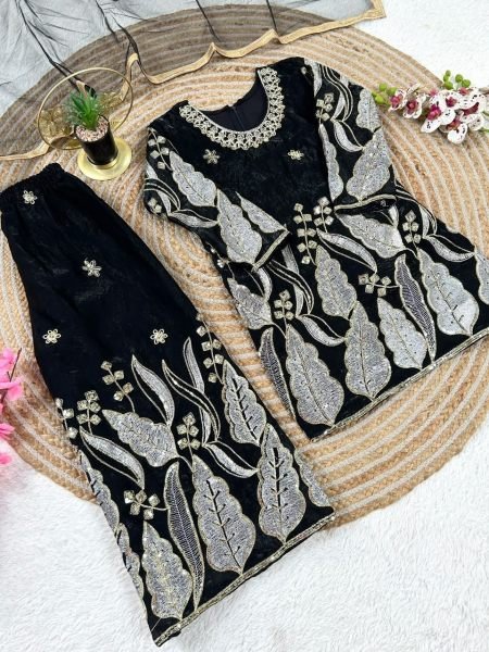 Customizable Black Kids Designer Top Palazzo Dupatta Set with Embroidery Work Girls Wear