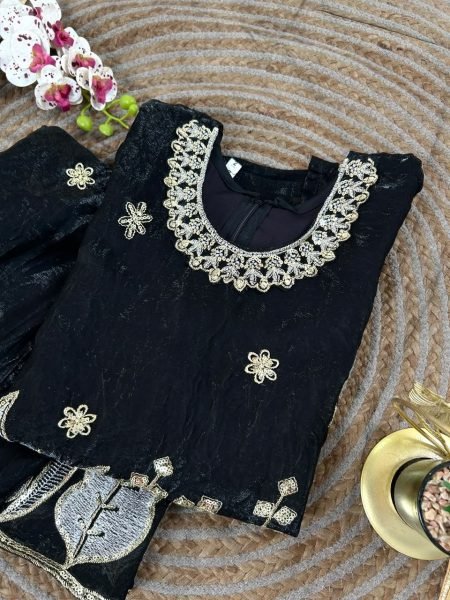 Customizable Black Kids Designer Top Palazzo Dupatta Set with Embroidery Work Girls Wear