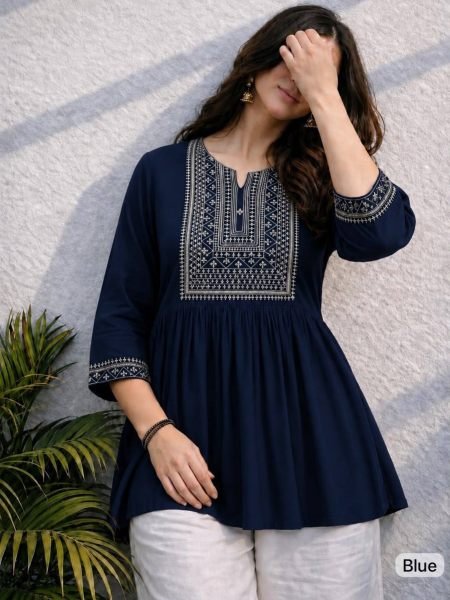 Customizable Blue Designer Heavy Rayon Embroidered Short Tunic for Women Kurtis