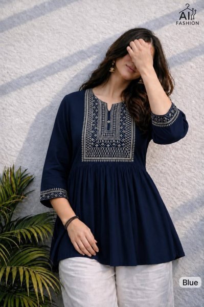 Customizable Blue Designer Heavy Rayon Embroidered Short Tunic for Women Tunics kurti