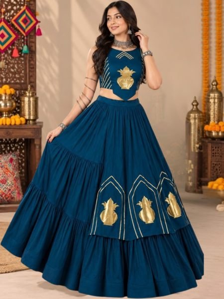Customizable Blue Pure Rayon Cotton Lehenga Choli with Golden Kalash Patch Work 