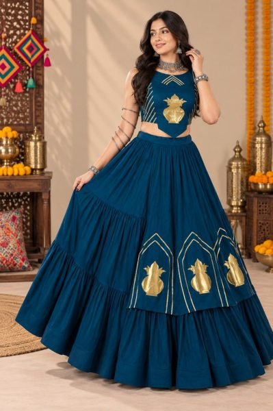 Customizable Blue Pure Rayon Cotton Lehenga Choli with Golden Kalash Patch Work Navratri Lehnega Choli