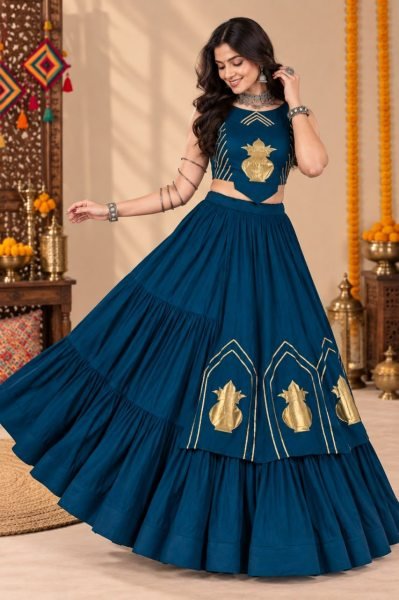 Customizable Blue Pure Rayon Cotton Lehenga Choli with Golden Kalash Patch Work Navratri Lehnega Choli