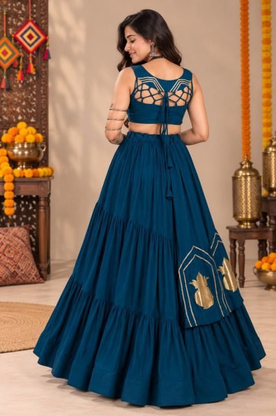 Customizable Blue Pure Rayon Cotton Lehenga Choli with Golden Kalash Patch Work Navratri Lehnega Choli