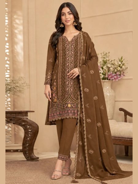 Customizable Brown Rangoli Crush Semi Stitched Suit Material with Sequins Embroidery Wholesale Salwar Kameez Suppliers in Kuwait