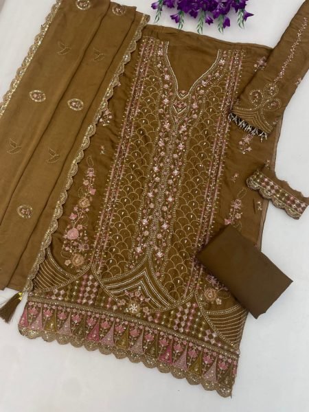 Customizable Brown Rangoli Crush Semi Stitched Suit Material with Sequins Embroidery Pakistani Suits Wholesale
