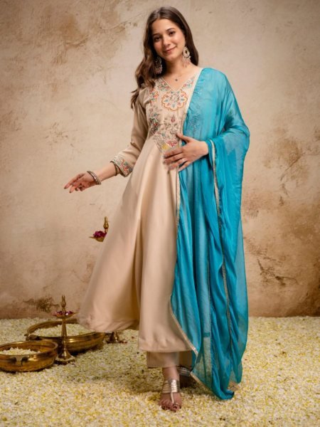 Customizable Cream Premium Chanderi Straight Kurti Pant Set with Chiffon Dupatta Kurtis