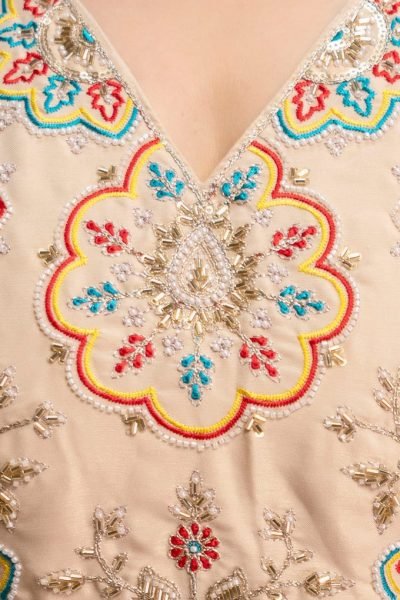 Customizable Cream Premium Chanderi Straight Kurti Pant Set with Chiffon Dupatta Embroidery Kurtis 
