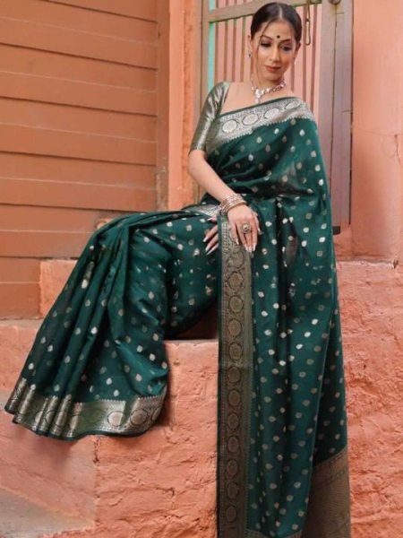 Customizable Dark Green Traditional Lichi Silk Saree with Premium Look for Ethnic Collection Silk Sarees Wholesale