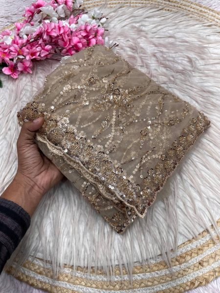 Customizable Golden Designer Butterfly Net Saree with Sequins Embroidered Blouse Bollywood Fancy Sarees Wholesale