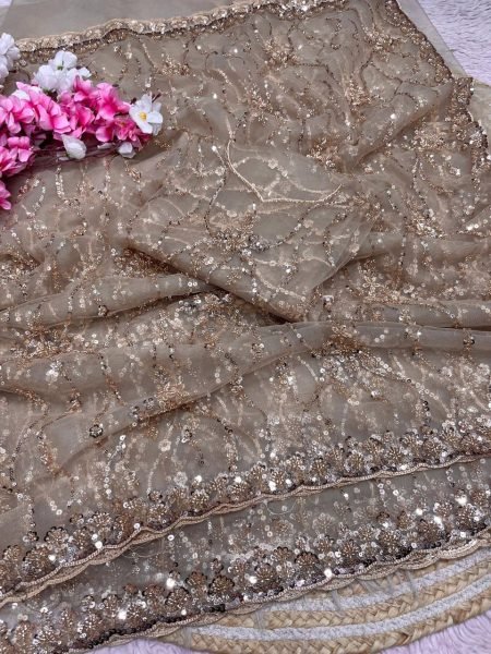 Customizable Golden Designer Butterfly Net Saree with Sequins Embroidered Blouse Bollywood Fancy Sarees Wholesale