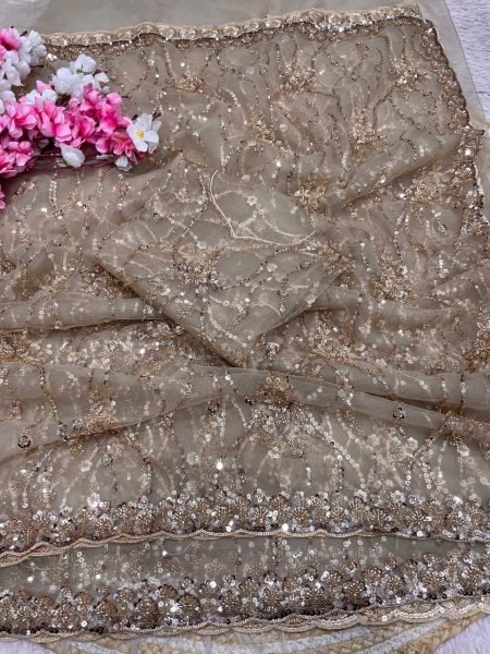 Customizable Golden Designer Butterfly Net Saree with Sequins Embroidered Blouse Bollywood Fancy Sarees Wholesale