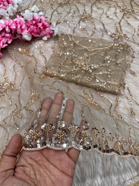 Customizable Golden Designer Butterfly Net Saree with Sequins Embroidered Blouse Bollywood Fancy Sarees Wholesale