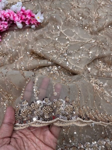Customizable Golden Designer Butterfly Net Saree with Sequins Embroidered Blouse Bollywood Fancy Sarees Wholesale
