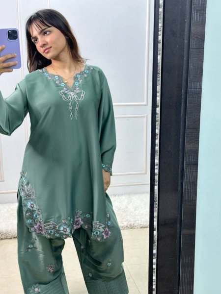 Customizable Green Crepe Farshi Salwar Suit with Sequence Work for Festive Wear 