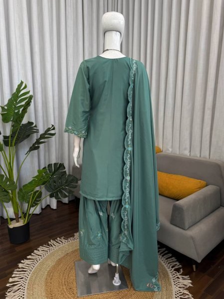 Customizable Green Crepe Farshi Salwar Suit with Sequence Work for Festive Wear Ready To Wear Collection