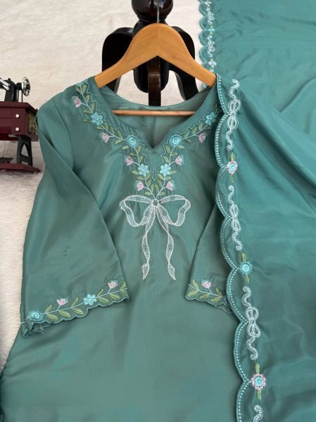 Customizable Green Crepe Farshi Salwar Suit with Sequence Work for Festive Wear Ready To Wear Collection