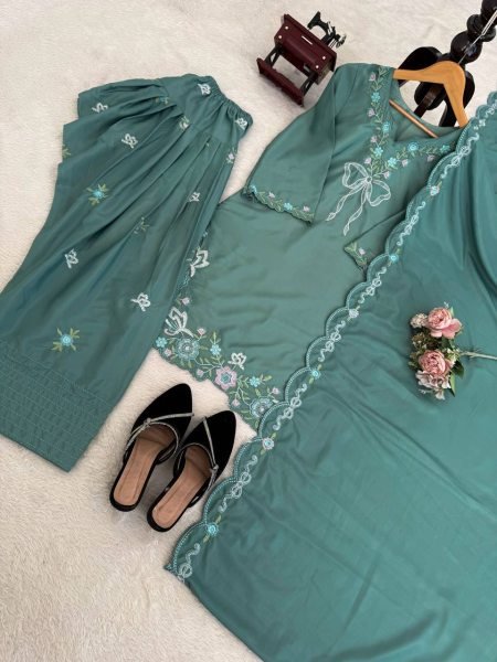 Customizable Green Crepe Farshi Salwar Suit with Sequence Work for Festive Wear Ready To Wear Collection