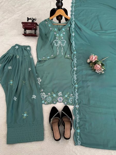 Customizable Green Crepe Farshi Salwar Suit with Sequence Work for Festive Wear Ready To Wear Collection