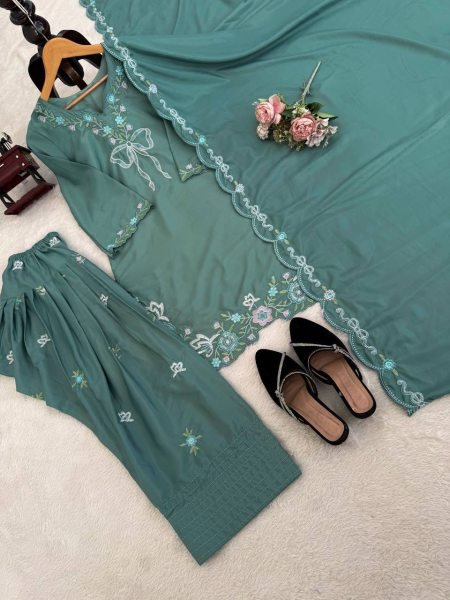 Customizable Green Crepe Farshi Salwar Suit with Sequence Work for Festive Wear Ready To Wear Collection