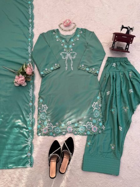 Customizable Green Crepe Farshi Salwar Suit with Sequence Work for Festive Wear Ready To Wear Collection