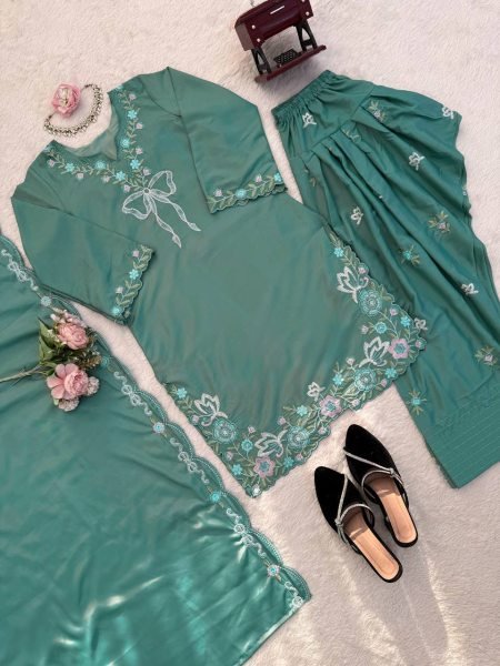 Customizable Green Crepe Farshi Salwar Suit with Sequence Work for Festive Wear Ready To Wear Collection