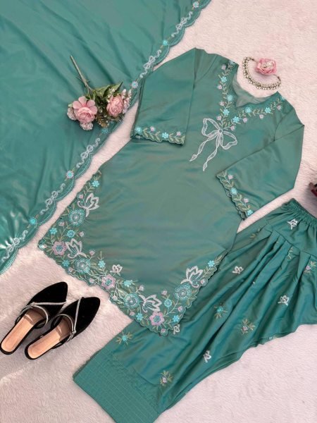 Customizable Green Crepe Farshi Salwar Suit with Sequence Work for Festive Wear Ready To Wear Collection