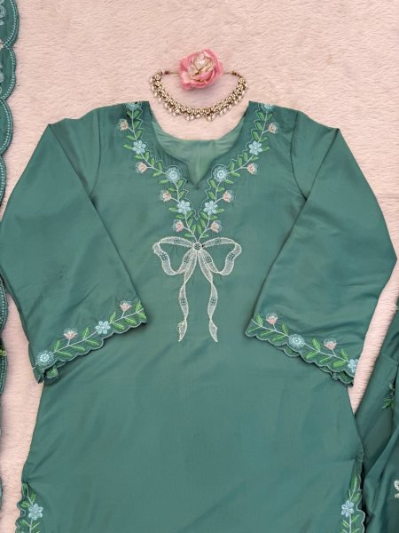 Customizable Green Crepe Farshi Salwar Suit with Sequence Work for Festive Wear Ready To Wear Collection