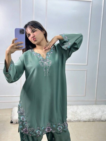 Customizable Green Crepe Farshi Salwar Suit with Sequence Work for Festive Wear Ready To Wear Collection