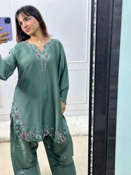 Customizable Green Crepe Farshi Salwar Suit with Sequence Work for Festive Wear Ready To Wear Collection