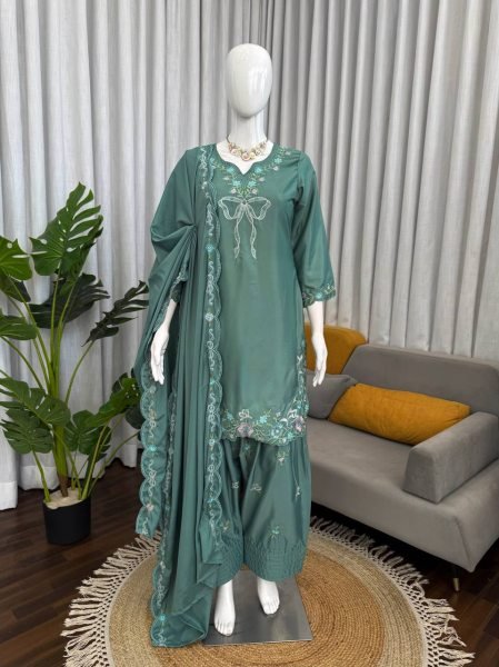 Customizable Green Crepe Farshi Salwar Suit with Sequence Work for Festive Wear Ready To Wear Collection
