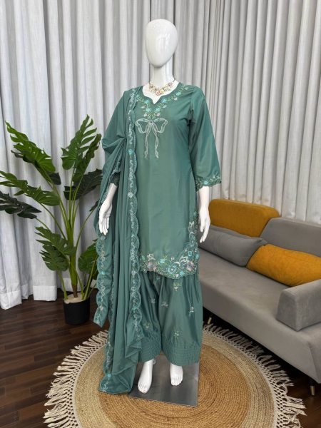 Customizable Green Crepe Farshi Salwar Suit with Sequence Work for Festive Wear Ready To Wear Collection