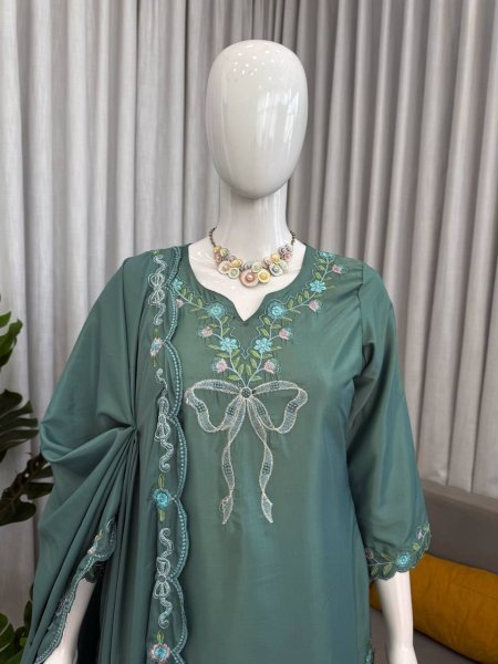 Customizable Green Crepe Farshi Salwar Suit with Sequence Work for Festive Wear Ready To Wear Collection