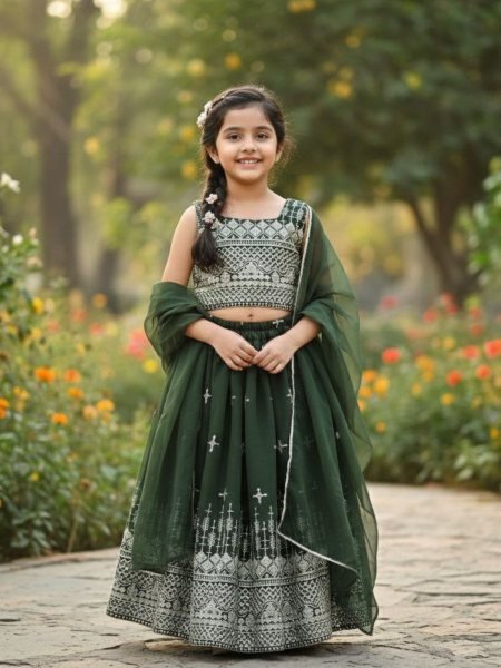 Customizable Green Georgette Kids Lehenga Set with Dupatta for Wedding Wear Kurtis