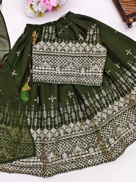 Customizable Green Georgette Kids Lehenga Set with Dupatta for Wedding Wear Girls Wear